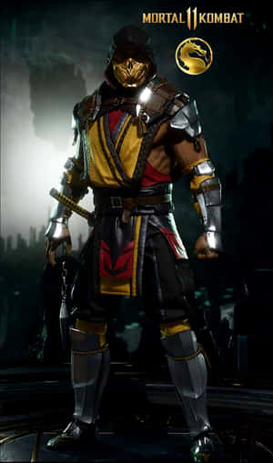 Mortal Kombat 角色身穿金色和黑色盔甲，在黑暗的城市景觀中手持武士刀。 — Galaxy Tab A 壁紙