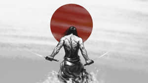 武士戰士手持兩把劍在水中，身後有紅色太陽的背面視圖。 — 武士 壁紙