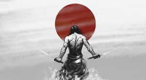 一個肌肉發達的武士戰士站在水中手持兩把劍，背後有一個紅色太陽。 — 日本武士 壁紙