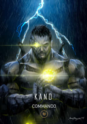 一個強大的動漫角色，名為Kano Commando，擁有發光的眼睛和胸膛，在暴風雨中被閃電環繞。 — 金木研 GIF 壁紙