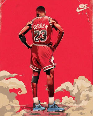 穿著紅色Jordan 23球衣的運動員，雙手叉腰站在雲朵平台上。 — Jordan 標誌 GIF 壁紙