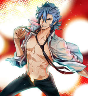藍髮動漫男子在火熱背景下以動態姿勢拿著太陽眼鏡。 — Galaxy Z Flip 8 壁紙