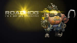遊戲角色 Roadhog 手持鉤子和防毒面具，在黑暗背景前搭配發光文字。 — 鬥陣特攻 GIF 壁紙