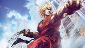 動漫戰士穿紅色道服在城市景觀中向前出拳 — 動漫打鬥 壁紙