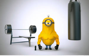 肌肉發達的黃色Minion在健身房中與槓鈴和沙包。 — 健身房 壁紙