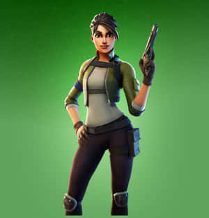 女性 Fortnite 角色穿著戰鬥裝備，喺綠色網格背景前揸住一把手槍。 — Galaxy Z Flip7 FE 壁紙
