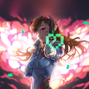 穿著未來風格盔甲的動漫女孩，用發光的綠色數位武器瞄準。 — iPad Pro 13 壁紙