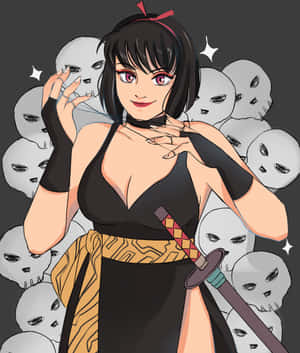 短黑髮紅眼的動漫女孩，被鬼臉包圍，手持武士刀。 — 動漫打鬥 壁紙