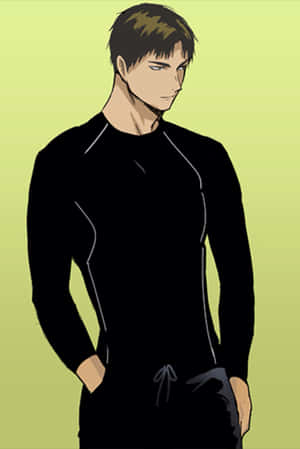 動漫男性角色穿著黑色襯衫，雙手插袋，站在黃色背景前。 — 小米18 Fold 壁紙