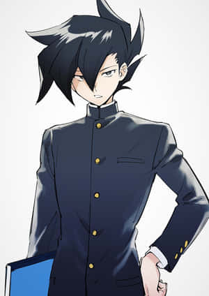 動漫男學生身穿深色校服，手持藍色文件夾，表情嚴肅 — 低調 壁紙