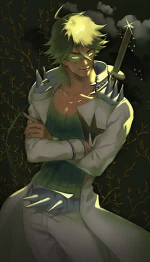 動漫戰士，綠色頭髮和發光的劍，夜晚站在深色樹葉中。 — 動漫打鬥 壁紙