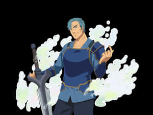藍髮動漫戰士手持劍，被發光的魔法包圍。 — 4:3 壁紙