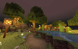 Minecraft村莊夜景，發光的燈籠和樹木環繞的池塘。 — 型格 Minecraft 壁紙