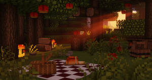 在夕陽樹下用格仔毯和發光燈籠的Minecraft野餐。 — 我的世界 壁紙