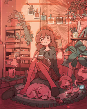 動漫女孩在一個有植物的舒適房間裡和兩隻睡著的狗一起看書。 — 插畫 壁紙