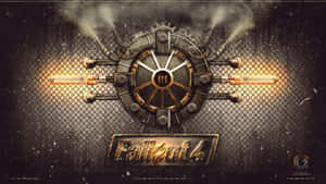 Fallout 4標誌，在深色金屬網格背景上有發光的管道和齒輪。 — 界王拳 壁紙