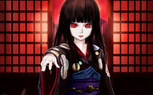穿著和服、眼睛發紅光的動漫女孩站在紅色障子屏風前。 — 恐怖 壁紙