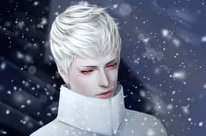 白髮紅眼的動漫角色在飄雪中。 — 午夜 壁紙