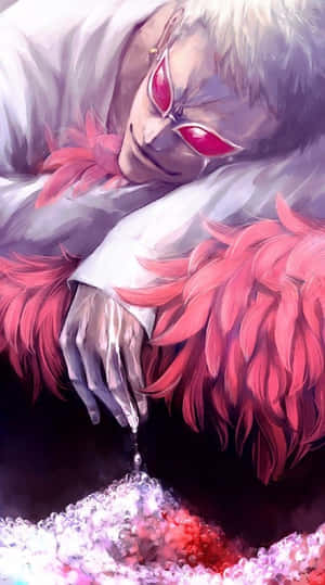 動漫角色，紅眼睛，粉紅色羽毛，在發光的水晶上方休息。 — Dorohedoro 壁紙