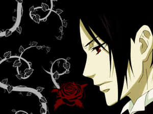 紅眼動漫角色看著黑色背景上帶有白色藤蔓的紅玫瑰。