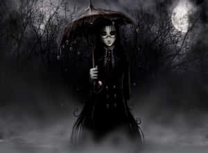 戴眼鏡的哥德式人物在雨中的月光森林裡拿著雨傘。 — 城堡 壁紙