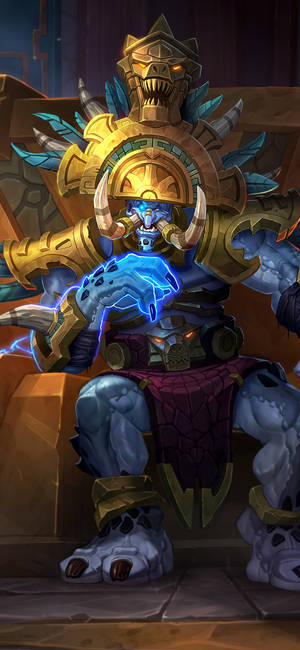 藍皮膚的獸人 warlord 身穿金色盔甲，坐在石王座上引導藍色魔法。 — iPhone 17 壁紙