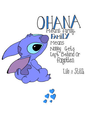 藍色外星人史迪奇與關於 Ohana 意思是家人和心形的文字 — 窩心語錄 壁紙