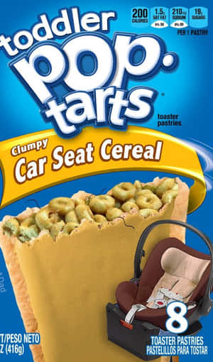 幼兒爆谷批盒子標籤為「Clumpy Car Seat Cereal」，有穀物片倒落汽車座椅度。 — Galaxy Tab A 壁紙