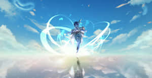動漫角色在天空中跳躍，帶有發光的能量痕跡和音符。 — 美景 壁紙
