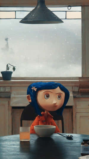 一個藍髮少女在廚房餐桌旁吃早餐，窗外下著雪。 — 珊瑚 壁紙