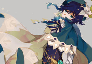 藍髮和青綠色斗篷的動漫角色，柔和背景 — 源氏 GIF 壁紙