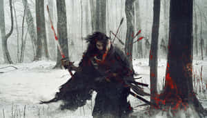 一個受傷的武士在雪地森林中，衣服和劍上沾滿血。 — 武士 壁紙