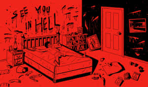 一個男人被鎖鏈鎖在床上，房間帶有紅色調，塗鴉寫著see you in hell。 — 醜樣 壁紙