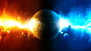 行星被火橙色和電藍色宇宙星雲包圍，伴有星星。 — 太空 壁紙