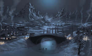 被雪覆蓋的山村夜晚，窗戶發光，石橋橫跨結冰的河流。 — 冬日美學 壁紙