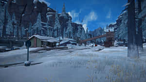 冬季森林中帶有木屋和橋樑的雪鄉村。 — 黑暗森林 壁紙