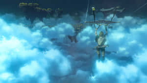 角色在夜間乘滑翔機穿過雲層，飛越浮空島嶼。 — 薩爾達 GIF 壁紙