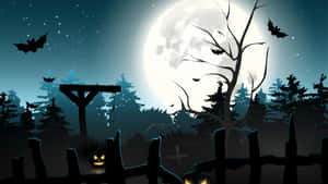 詭異的萬聖節夜晚，滿月、蝙蝠、墓地、傑克南瓜燈 — 月色夜空 壁紙