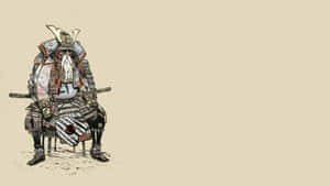 一位身穿精細盔甲的坐姿武士，在米色背景上持劍。 — 武士 壁紙