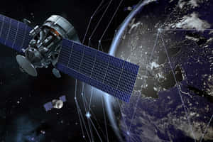 夜間繞地球運行的衛星，帶有發光的城市燈光和數位連接線路。 — 3:2 壁紙