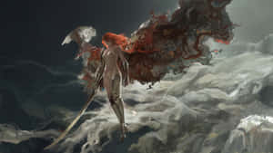 一個有翅膀的紅髮戰士漂浮在暴風雲之上，手持劍。 — 東方龍 壁紙