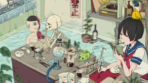 一個女孩在讀書，而一個男孩和骷髏在一個雜亂的實驗室裡一起洗澡，實驗室裡充滿了植物和設備。 — Studio Display 壁紙