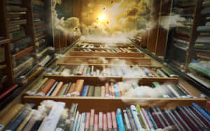 書架升入金色天空，雲朵和鳥兒在頭頂飛翔。 — 黑暗森林 壁紙