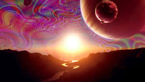 外星峽谷，在迷幻天空下有一條發光的河流和漂浮的行星，日落時分。 — 太空美學 GIF 壁紙