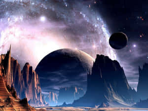 在充滿星星的宇宙天空下，有發光星雲和鋸齒狀紅色岩石的外星行星。 — 4:3 壁紙