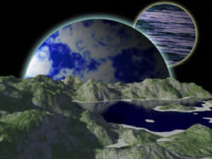藍色行星和紫色環衛星下的外星山脈和湖泊。 — 火星 GIF 壁紙