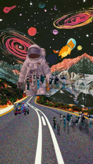 在宇宙高速公路上，巨大的太空人和漂浮的貓咪，背景是旋轉的星系和積雪山脈。 — 夢境 GIF 壁紙
