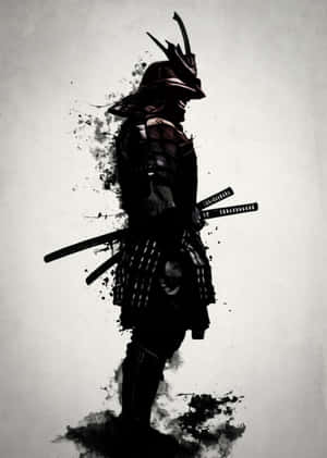 身穿盔甲的武士戰士手持兩把刀，帶有墨跡的剪影。 — 日本武士 壁紙