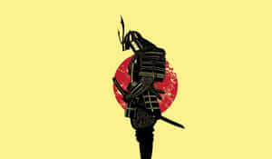 黑色武士剪影持刀，紅色圓圈，黃色背景 — 武士 壁紙