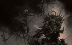 身穿尖刺盔甲的惡魔 warlord 在風暴虛空中揮舞閃電武器 — 現代戰爭 壁紙